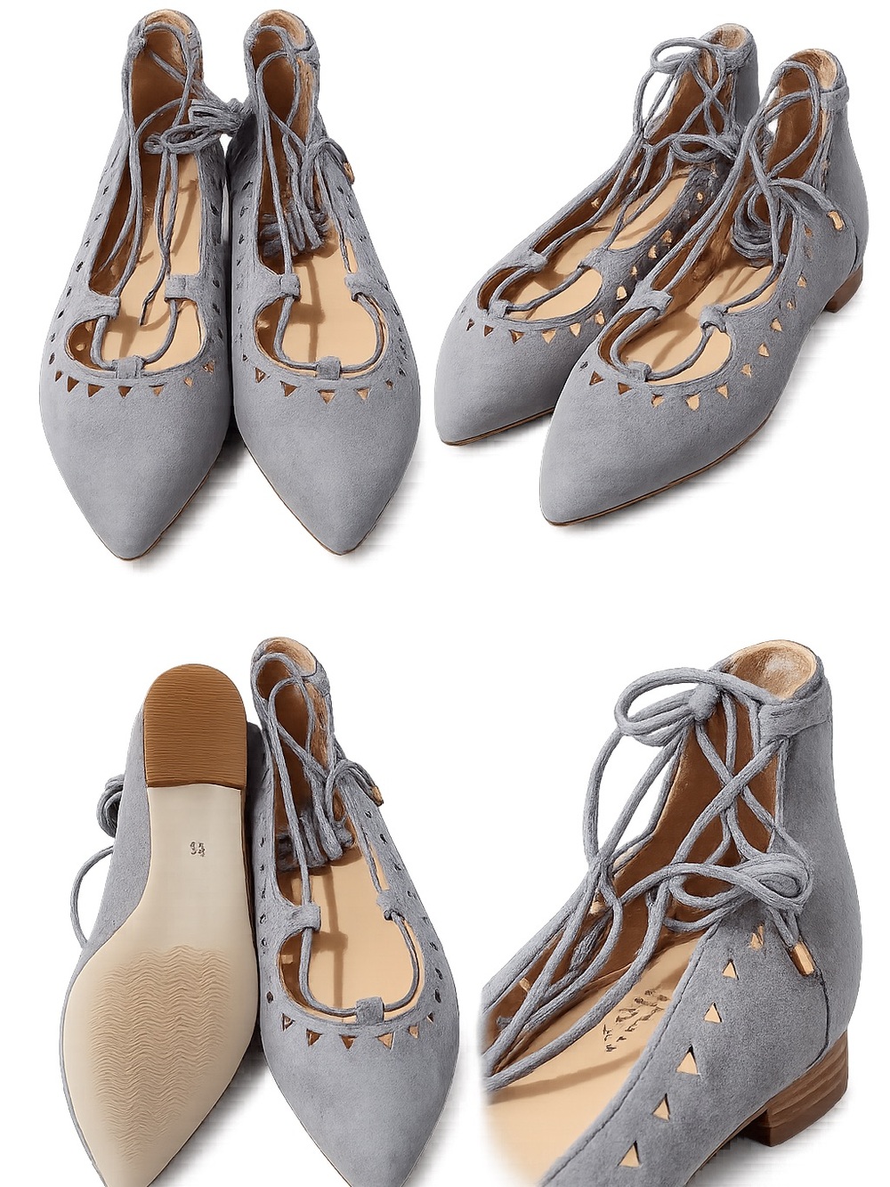 Barneys New York Gray Suede Lace-Up Pointed-Toe Flats